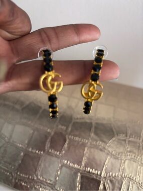 Source Unknown Gold-Tone Hoop Earrings with Black Accents